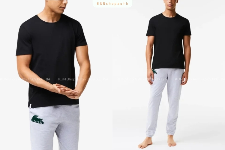 Áo thun Lacoste cổ tròn đen và quần jogger