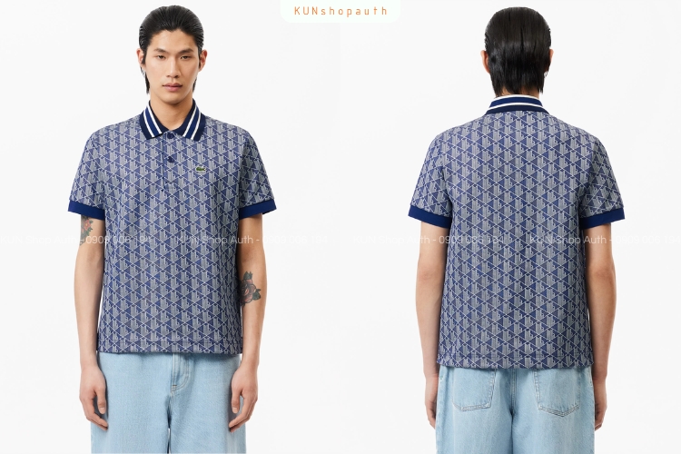 Áo Polo Lacoste Monogram Xanh Đậm Phối Viền
