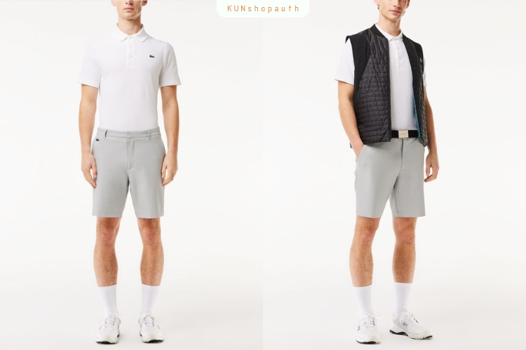Áo polo Lacoste trắng phối cùng quần Shorts