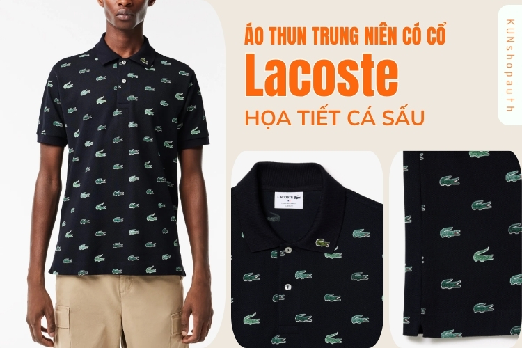 Áo thun Lacoste trung niên có cổ phối họa tiết Cá Sấu