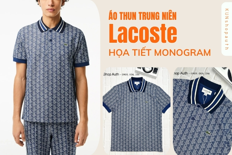 Áo thun trung niên Lacoste có cổ họa tiết monogram
