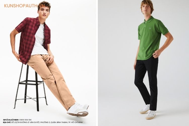 Phối áo thun Lacoste cùng quần kaki hoặc quần âu